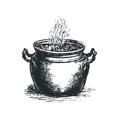 Hand-drawn sketch of a rustic cauldron with steaming ingredients