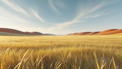 Obraz premium Golden Wheat Field Under a Vast Sky with Wispy Clouds and Rolling Hills in the Distance