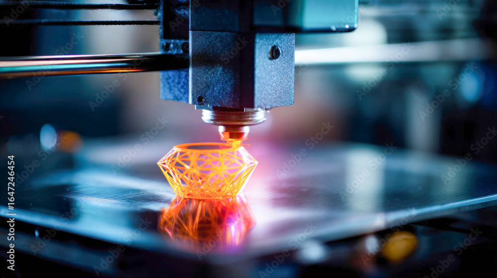 Poster 3d printer manufacturing a complex orange geometric object with precise layering