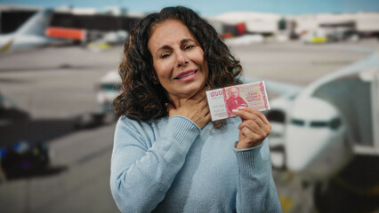 Woman holding krona banknotes at airport terminal appears stressed about travel finances, set...
