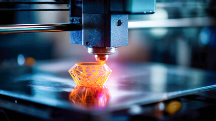 3D printer manufacturing a complex orange geometric object with precise layering