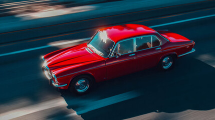 Obraz premium Classic retro red car driving along a road in motion blur, viewed from above