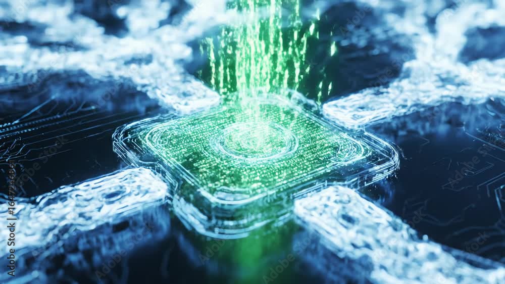 Aufkleber close-up of a glowing green microchip with digital data streams rising from it on a dark circuit boa