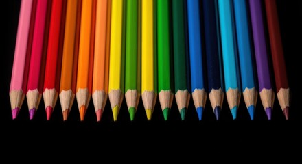 A vibrant collection of colored pencils arranged in a rainbow spectrum, sharpened and ready for drawing, on a black background