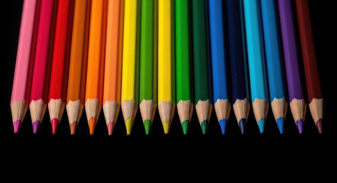 A vibrant collection of colored pencils arranged in a rainbow spectrum, sharpened and ready for drawing, on a black background