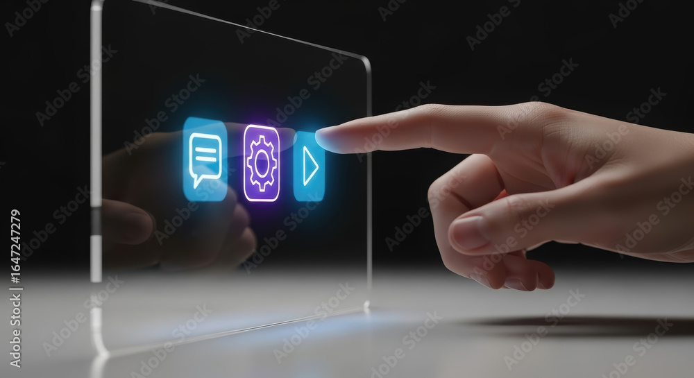 Poster hand interacting with futuristic touchscreen interface displaying colorful icons for messaging, sett