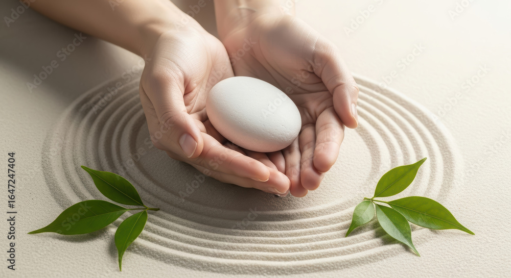 Poster Hands gently cradling a smooth white egg, surrounded by green leaves on a textured surface, creating a serene and harmonious atmosphere of nature and simplicity