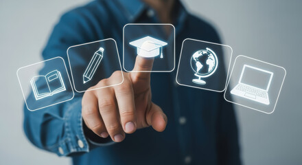 Man in blue shirt interacts with digital icons representing education, technology, and global connectivity, showcasing modern learning and information access in a virtual environment