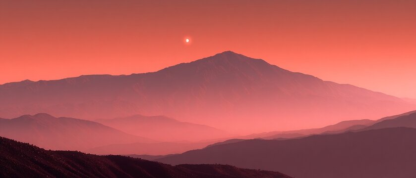 Un tramonto infuocato dipinge le montagne con sfumature rosse e arancioni, creando un'atmosfera serena.