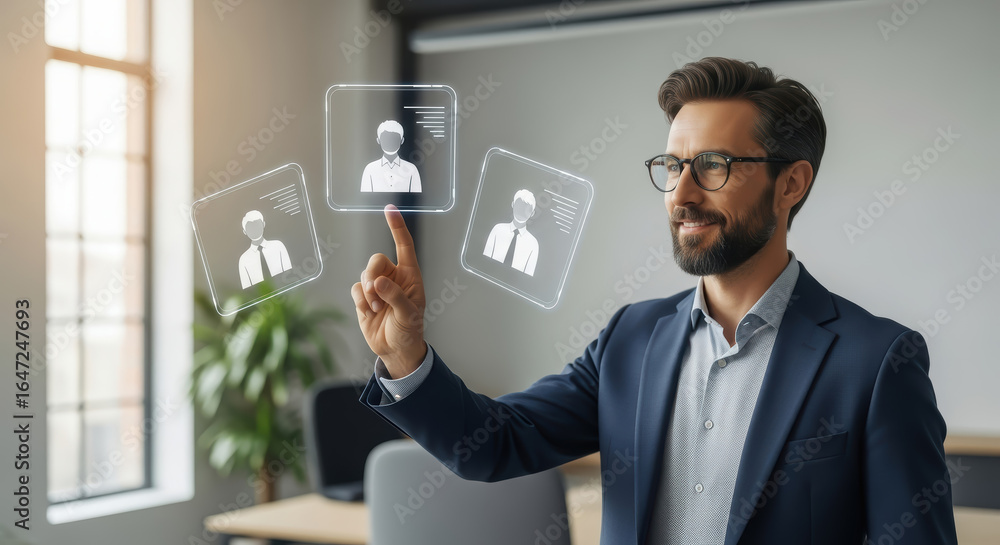 Poster businessman in a modern office environment interacts with holographic interface displaying profiles,