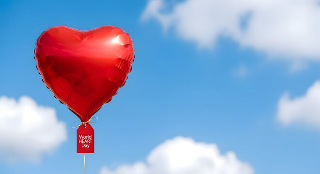 Red heart-shaped helium balloon with World Heart Day text floating against a bright blue sky, symbolizing love, health awareness, and cardiovascular wellness