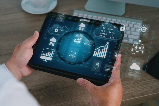 User flowchart and business analytics with cloud computing and AI integration shown on a tablet, representing mobile digital solutions for data visualization and process management.
