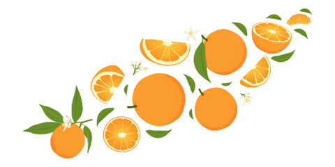 Fresh orange fruit whole and slices with leaves falling flying isolated on white background.