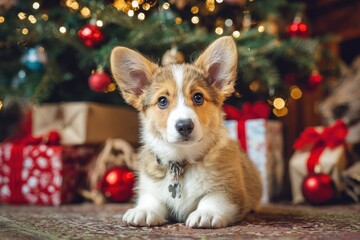 Christmas Corgi. Cute Canine Puppy Near Merry Tree with Red Toys and Gifts