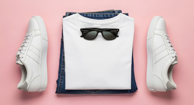 Stylish flat lay featuring white sneakers, folded white t-shirt, dark denim jeans, and sunglasses arranged on a pink background, showcasing modern casual fashion essentials