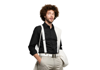 Man with afro and suspenders looking to the upper left on transparent background 