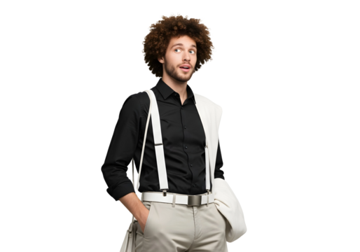 Man with afro and suspenders looking to the upper left on transparent background