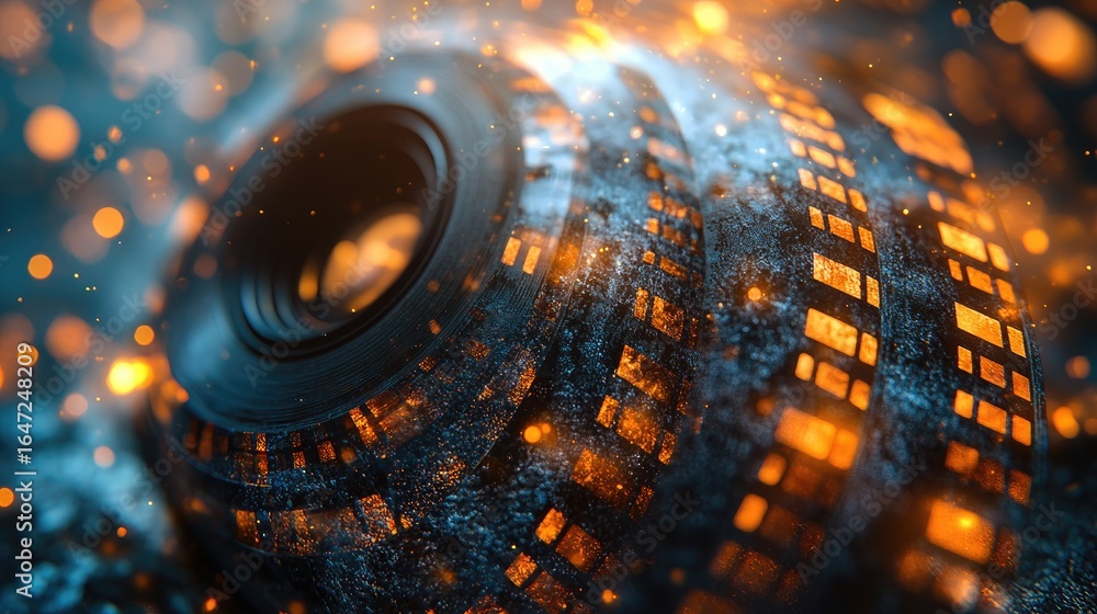 Poster futuristic metallic sphere with glowing orange circuits and bokeh lights.