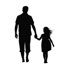 Silhouette of adult and child walking hand in hand, child in dress and both with backpacks, symbolizing care, trust, and family bonding