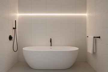 Fototapeta premium Modern bathroom with freestanding bathtub, matte black fixtures, white tiles, LED backlighting, minimalist style