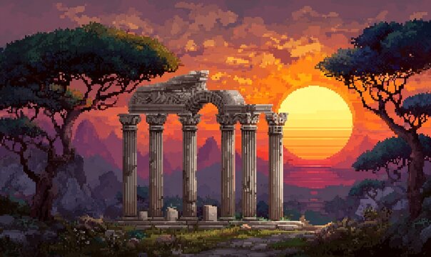 Antica rovina greca con colonne in un paesaggio africano al tramonto