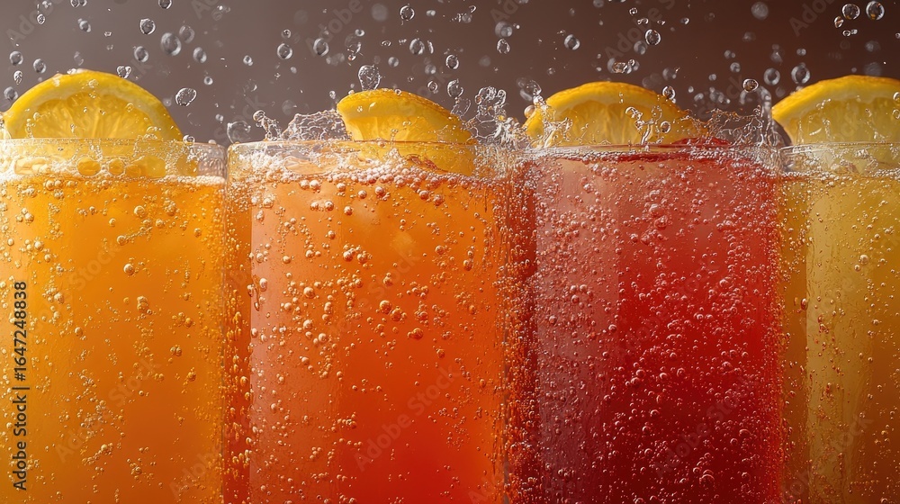 Poster refreshing citrus drinks: bubbling colorful beverages with lemon slices.
