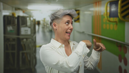 Woman with short hair smiles while pointing finger gesture with both hands in building corridor;...