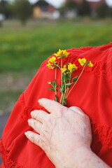 Close-up of a hand gently holding yellow wildflowers near the shoulder, with a vibrant red fabric...