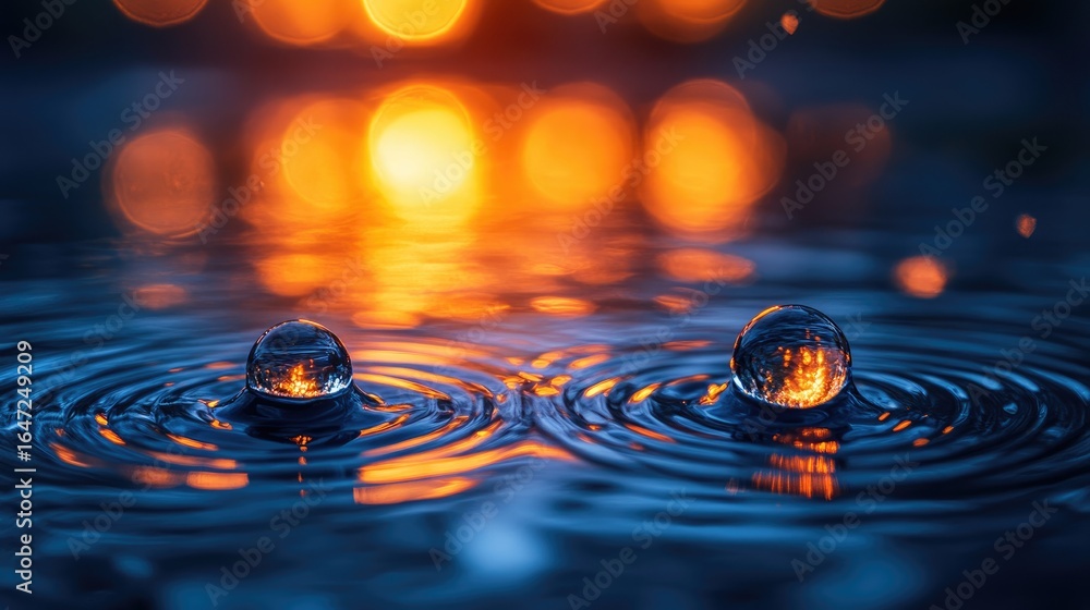 Poster macro view of two crystal spheres floating on rippling water reflecting warm bokeh lights
