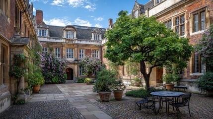 College Courtyard. Historic Architecture of Pembroke College in the Heart of Cambridge, British Academic Center