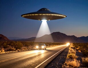 A glowing UFO hovers over a car on a desert highway at night.