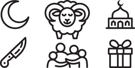 Eid al-Adha Icon Set Outline Style Crescent Moon Sheep Knife Mosque People Gift Vector