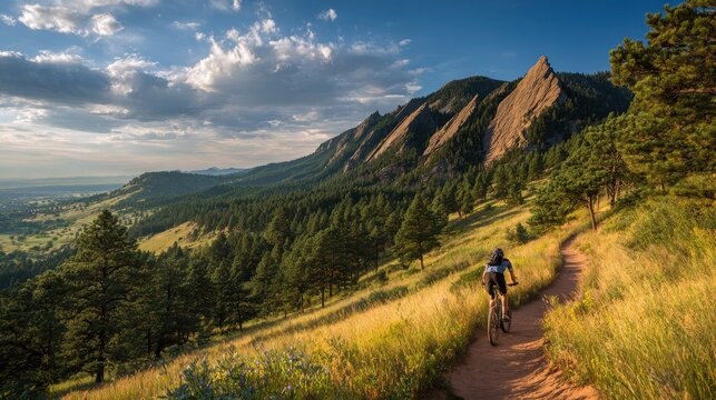 Colorado Biking. A mountain biker enjoying a summer ride on the Flatirons Vista Trail near Boulder