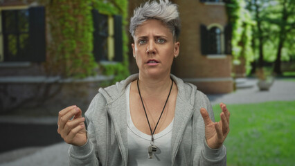 Woman coach with whistle gestures with raised hands at outdoor building entrance; teamwork...