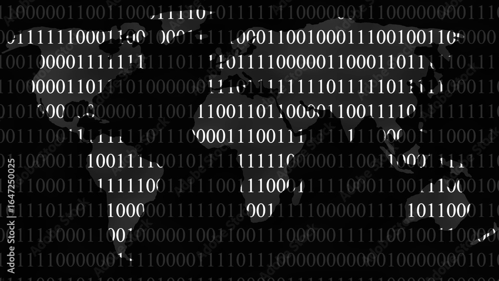 Aufkleber world map silhouette formed by white binary code on dark background data digital