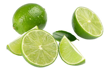 Fresh limes with slices and leaves on a white background for healthy citrus food concepts