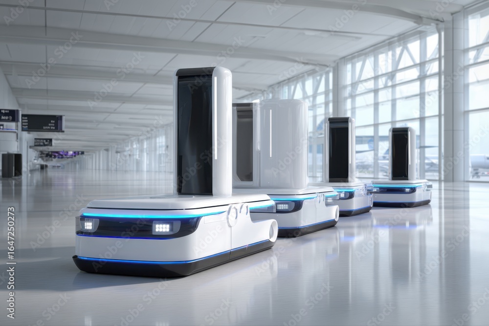 Poster the image shows a futuristic airport terminal with a row of white and blue robots standing in a line