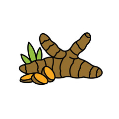 Fototapeta premium Illustration of Turmeric Root and Slices with Green Leaves for Culinary and Health Concepts Fresh and Vibrant Turmeric Depiction