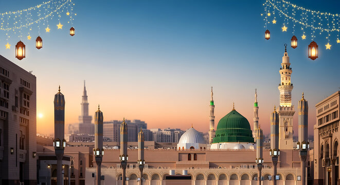 Milad un Nabi Maulid or Mawlid al Nabi Islamic background banner with Madina skyline golden lanterns