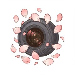 Camera Lens Surrounded by Pink Cherry Blossom Petals