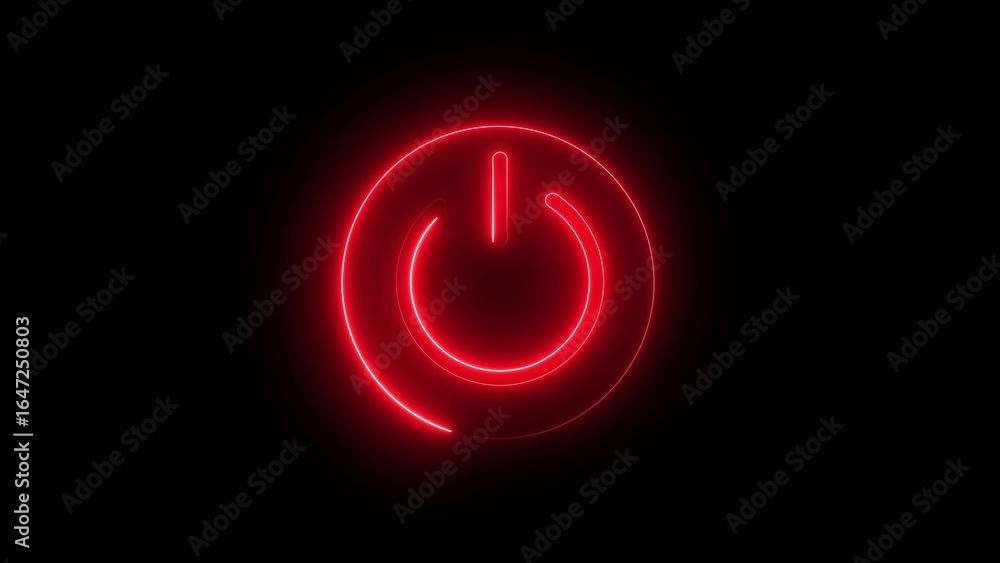Poster bright red neon power button symbol illuminated on dark background on off switch