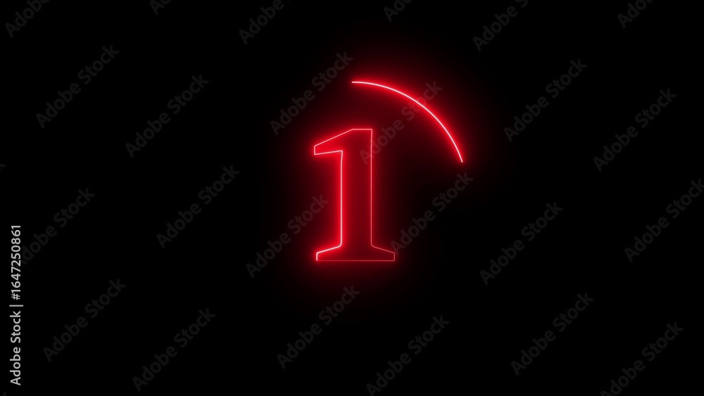 Poster vivid red neon number 1 with curved line on black background number one digit