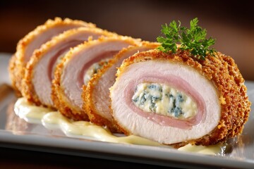 Cordon Blue Meal with Sliced Cheese, Ham, and Chicken on a Plate