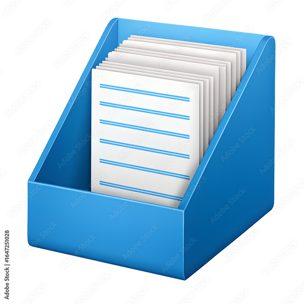 Poster blue storage bin holding stack of index cards isolated on transparent background