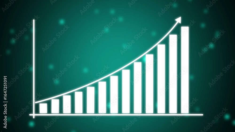 Poster white bar graph with upward trend and arrow against a teal background with bokeh lights chart
