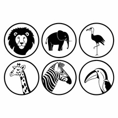 Collection of african animal icons isolated on white background in circle shape for graphic design projects and creative illustrations