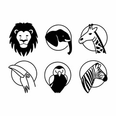 Illustration of a lion, elephant, giraffe, zebra, toucan and owl head in circle isolated on white background, perfect for logo and icon design