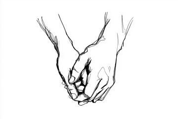 Minimalist line drawing of two hands gently holding each other, symbolizing connection, support, and empathy, clean white background for emotional healing,trusfull,lovely