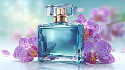 Profumo elegante in bottiglia di vetro trasparente circondato da orchidee viola su sfondo sfocato.