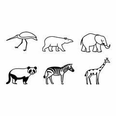 A set of six different animals isolated on white background in a simple black and white line drawing style, perfect for icons or illustrations